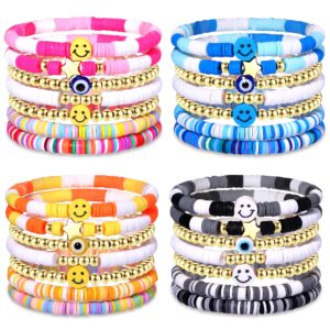 28-30pcs heishi surfer bracelets set colorful preppy evil eye star beaded stretch bracelets clay stackable boho disc bracelets y2k aesthetic summer beach jewelry for women teens, beads, not know