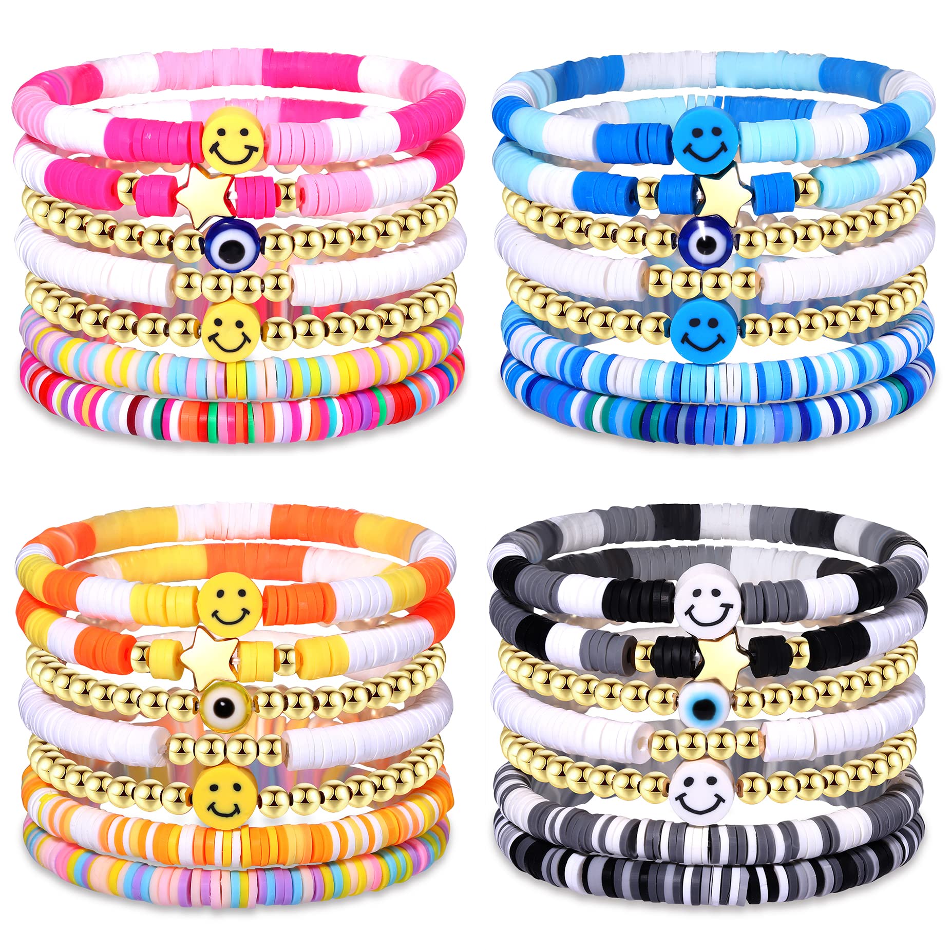 28-30Pcs Heishi Surfer Bracelets Set Colorful Preppy Evil Eye Star Beaded Stretch Bracelets Clay Stackable Boho Disc Bracelets Y2k Aesthetic Summer Beach Jewelry for Women Teens, beads, not know