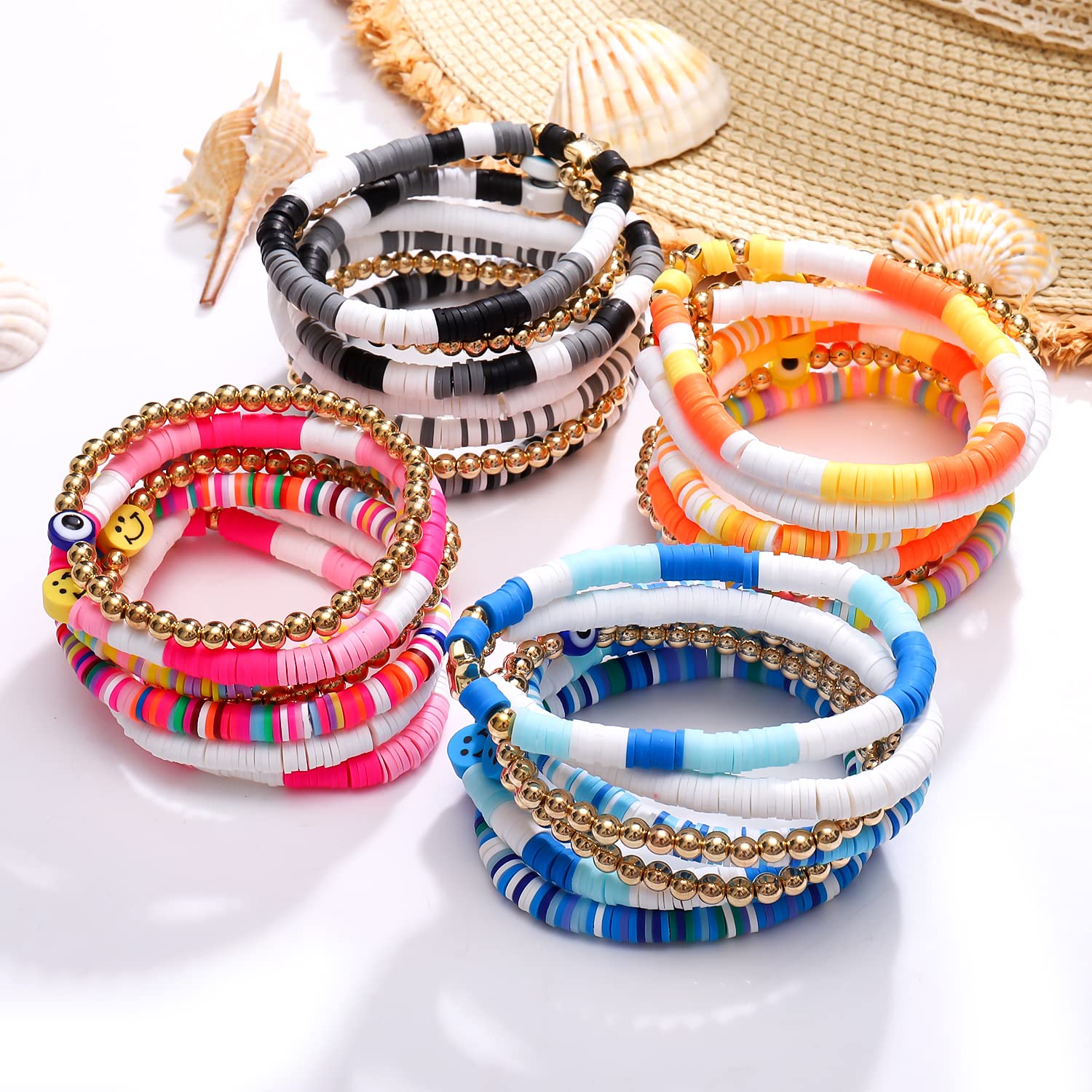 28-30Pcs Heishi Surfer Bracelets Set Colorful Preppy Evil Eye Star Beaded Stretch Bracelets Clay Stackable Boho Disc Bracelets Y2k Aesthetic Summer Beach Jewelry for Women Teens, beads, not know