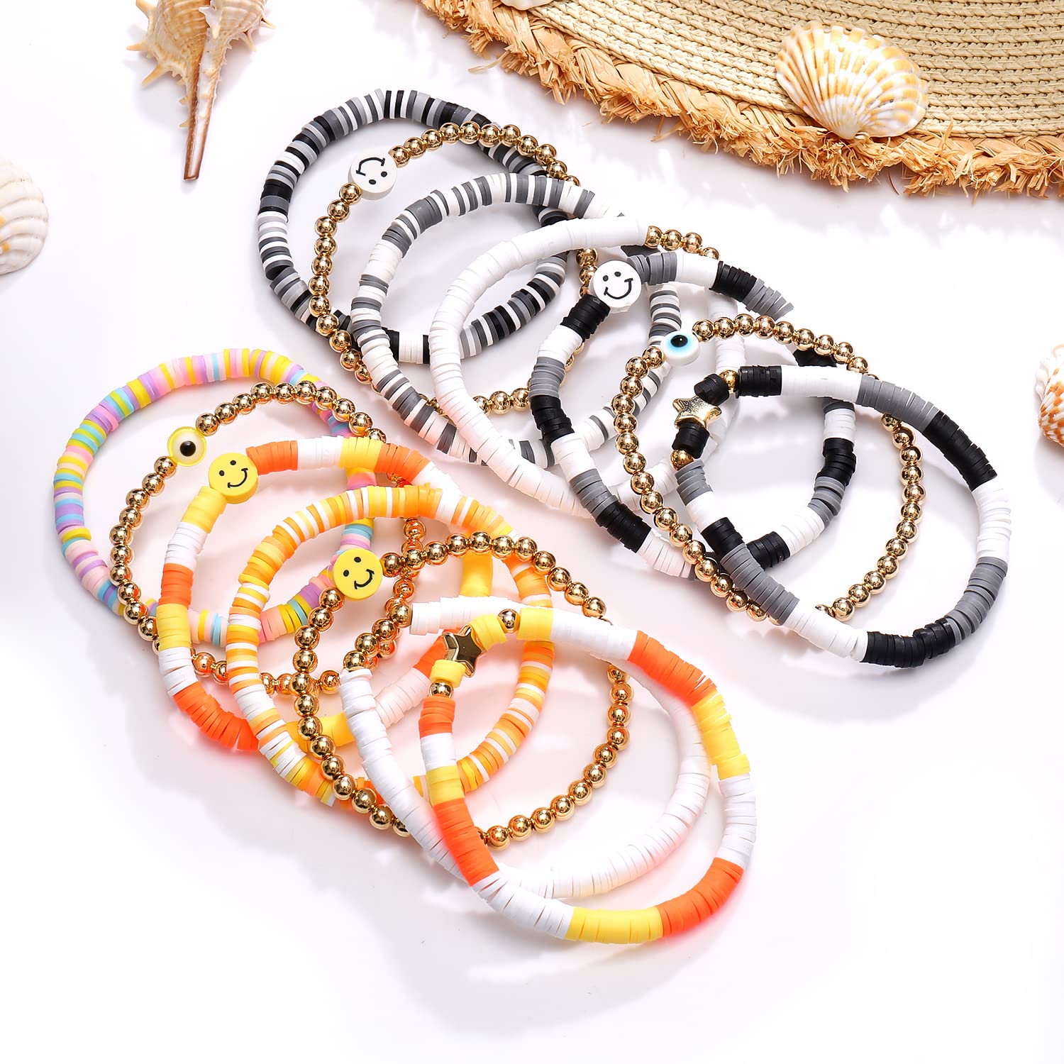 28-30Pcs Heishi Surfer Bracelets Set Colorful Preppy Evil Eye Star Beaded Stretch Bracelets Clay Stackable Boho Disc Bracelets Y2k Aesthetic Summer Beach Jewelry for Women Teens, beads, not know