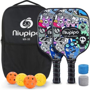 niupipo pickleball paddles, pickleball paddle set of 2 w/honeycomb core, fiberglass surface, 2 durable overgrips, 1 bag, 4 pickleball balls, pickleball paddle for outdoor & indoor family games