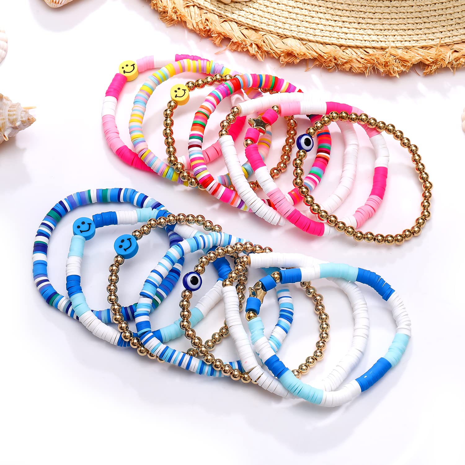 28-30Pcs Heishi Surfer Bracelets Set Colorful Preppy Evil Eye Star Beaded Stretch Bracelets Clay Stackable Boho Disc Bracelets Y2k Aesthetic Summer Beach Jewelry for Women Teens, beads, not know