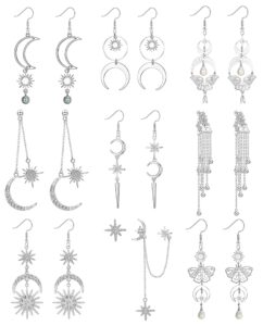 dolotta 9 pairs moon stars long dangle earrings for women sun butterfly cz earrings exaggerated moon gold earrings long chain shining tassel boho vintage earrings silver