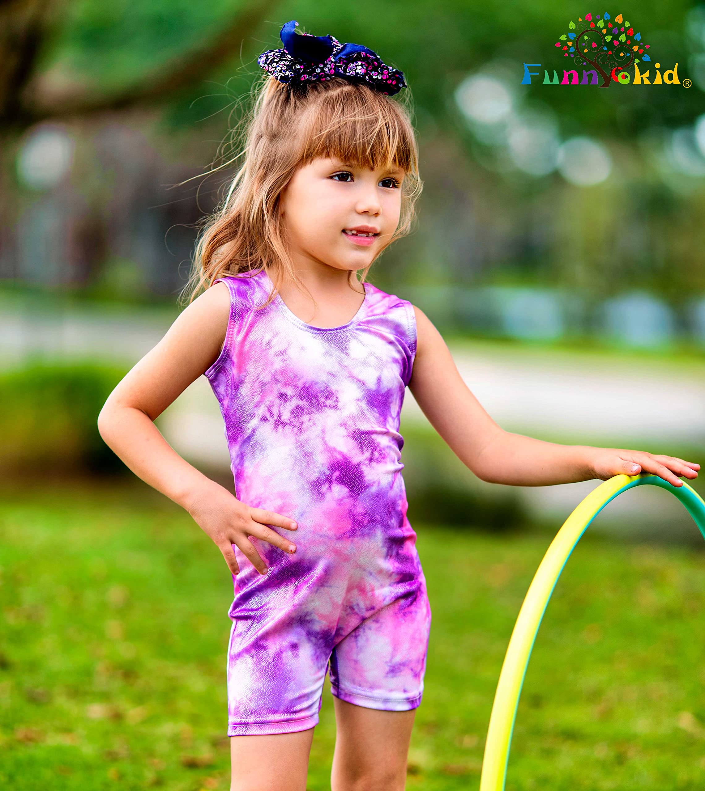 Funnycokid Gymnastics Leotards for Girls Purple Tie Dye Outfits Sparkly Biketards with Shorts Sleeveless Unitards 7-8 Years