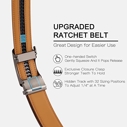 SENDEFN Leather Belt for Men Automatic Ratchet Buckle Slide Dress Casual Belts 1 3/8'' Wide Adjustable Trim to Fit(Black-47)