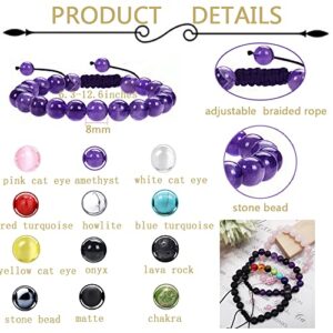 FINZOR 12Pcs 8mm Healing Stone Beads Bracelets for Women Men Semi-precious Gemstone Crystal Beaded Bracelets Lava Rock Tiger Eye Amethyst Chakra Bracelets Unisex Adjustable