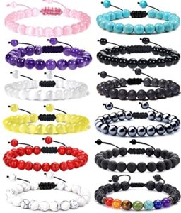 finzor 12pcs 8mm healing stone beads bracelets for women men semi-precious gemstone crystal beaded bracelets lava rock tiger eye amethyst chakra bracelets unisex adjustable