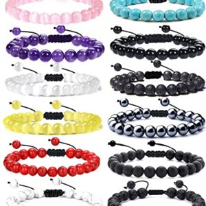 FINZOR 12Pcs 8mm Healing Stone Beads Bracelets for Women Men Semi-precious Gemstone Crystal Beaded Bracelets Lava Rock Tiger Eye Amethyst Chakra Bracelets Unisex Adjustable