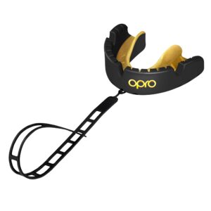 opro gold level mouthguard for braces + strap, adults and youth sports mouth guard, featuring revolutionary fitting technology for football, lacrosse, hockey, combat and contact sports (black)