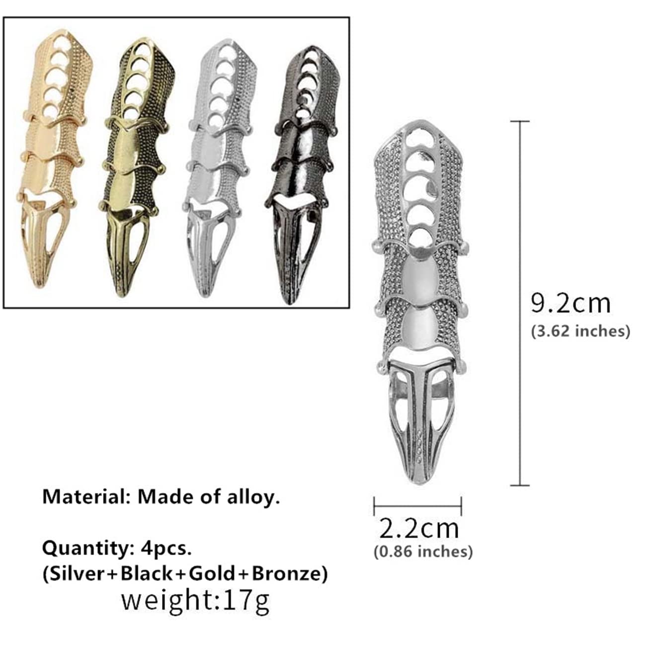 DEBOTTY Punk Finger Claws Rings Set for Women Men Gold Black Silver Bronze Knuckle Full Finger Ring Punk Gothic Ring (4pcs Silver+Black+Gold+Bronze)