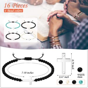 Fumete 16 Pcs Cross Bracelet, Cross Beads Bracelet for Women Men, Cross Yoga Healing Anxiety Bracelets with 4mm Natural Stone Beaded Adjustable Cross Bracelet for Couple Friendship