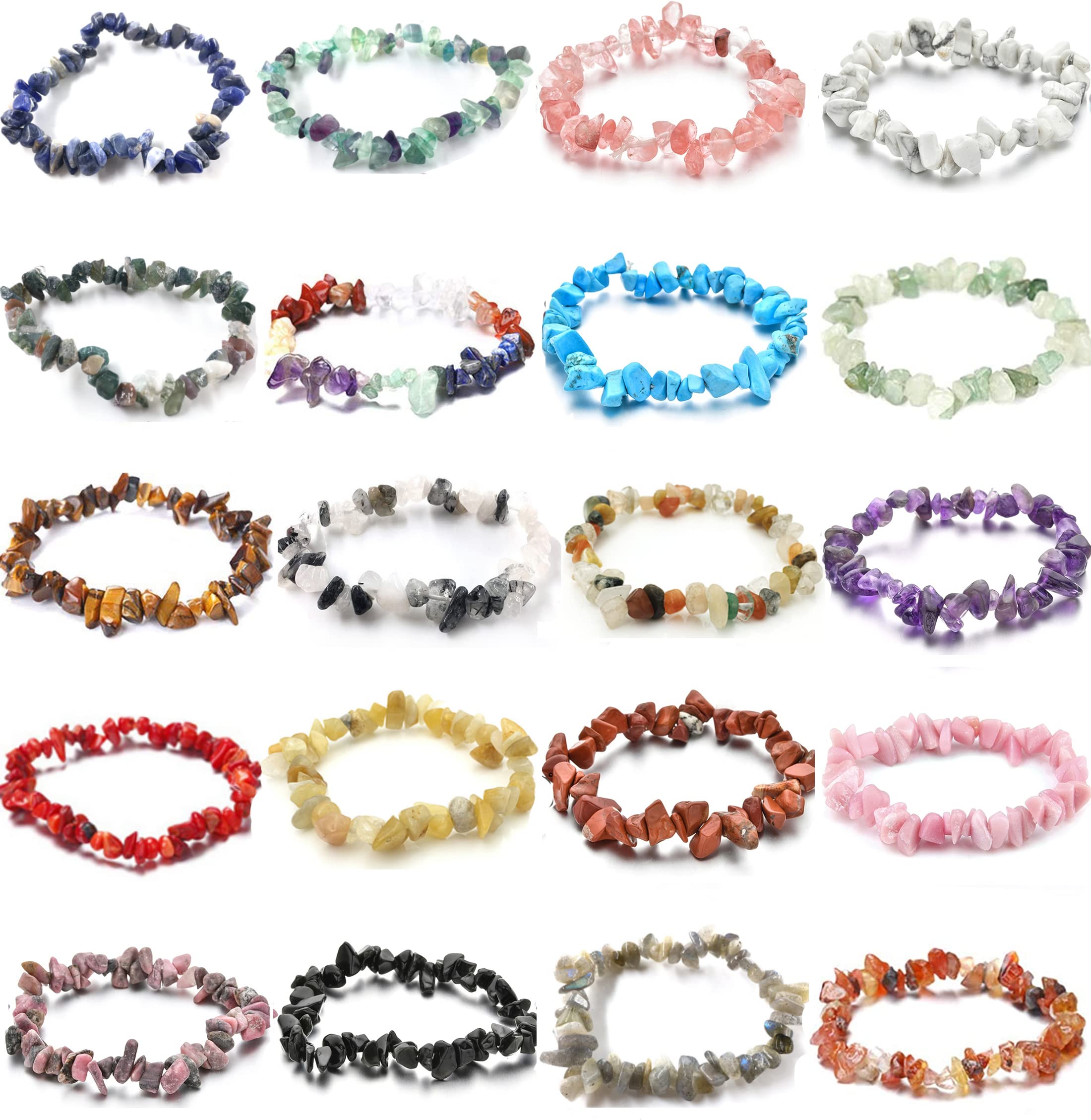 FINZOR 20Pcs Gemstone Bracelets Chakra Crystal Irregular Chips Beads Stretch Bracelets for Women Align Chakras/Conquer Fear/Increase Communication Reiki