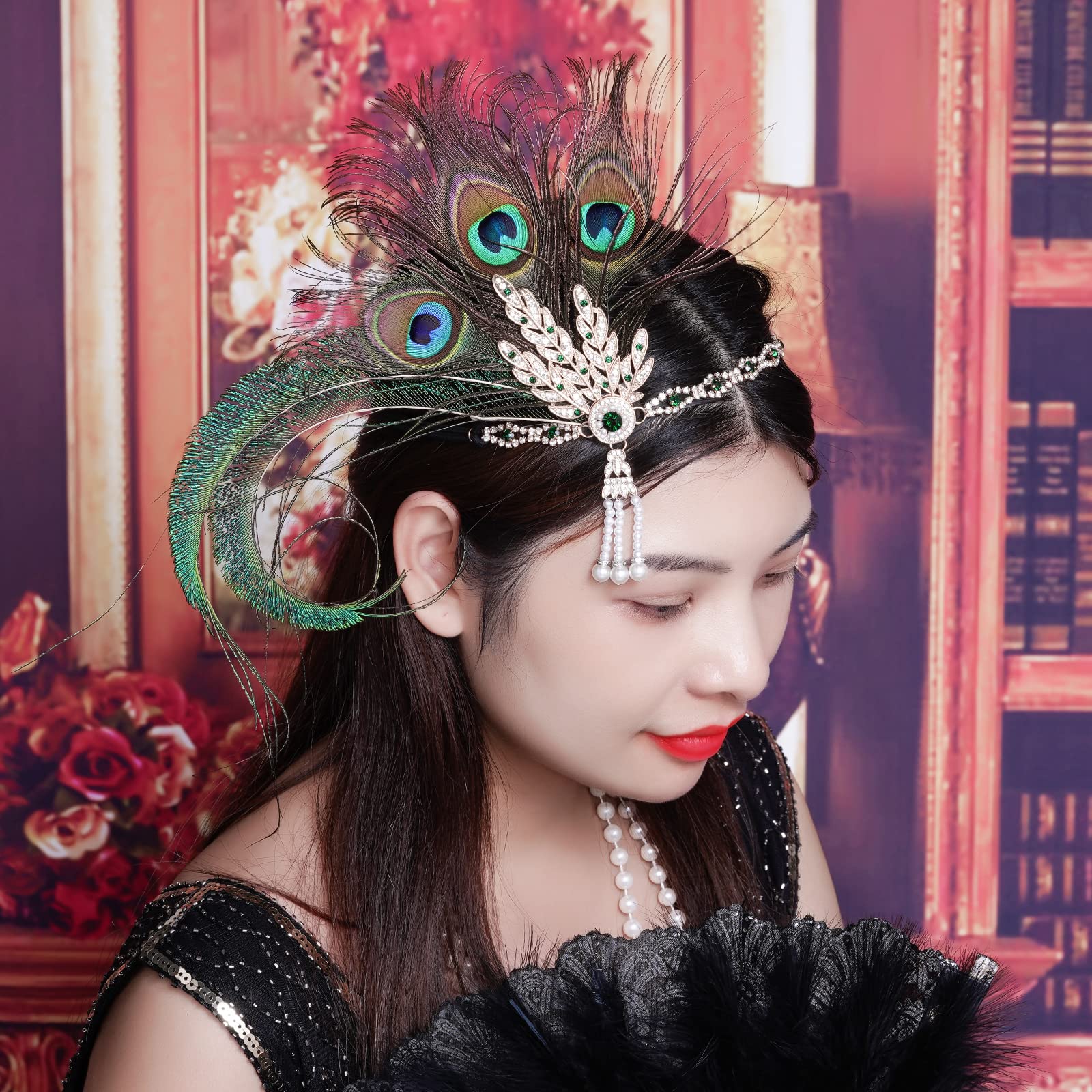 Tongcloud 1920s Flapper Feather Headband Roaring 20s Gatsby Headpiece Women's 1920s Headband Flapper Feather Headpiece(Peacock Green)