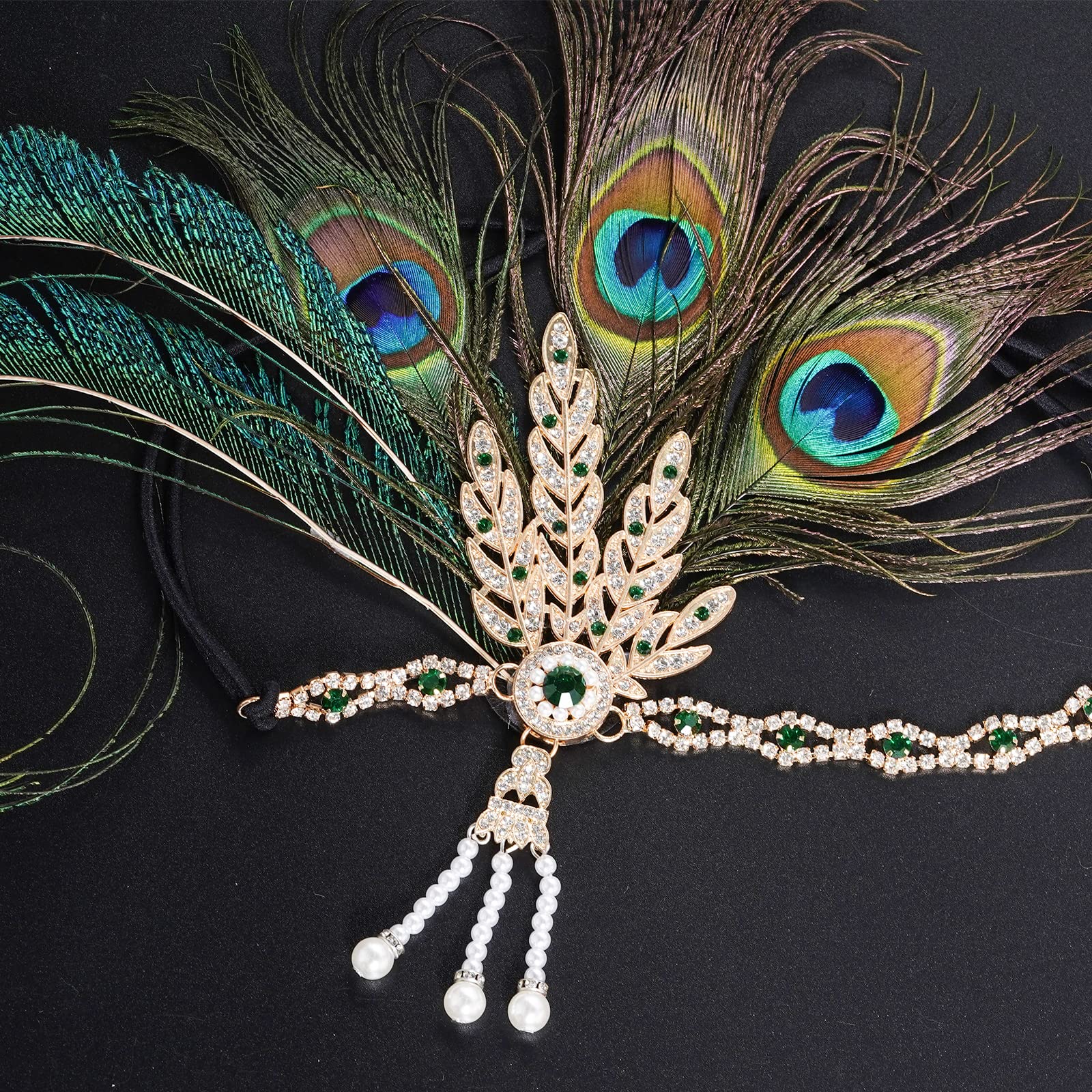 Tongcloud 1920s Flapper Feather Headband Roaring 20s Gatsby Headpiece Women's 1920s Headband Flapper Feather Headpiece(Peacock Green)