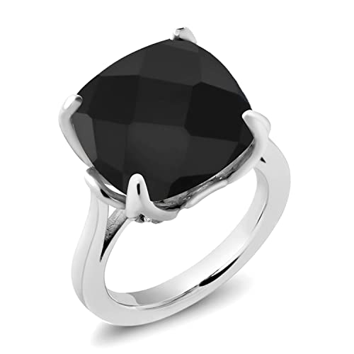 Gem Stone King 925 Sterling Silver Black Onyx and White Created Sapphire Engagement Ring For Women (8.27 Cttw, 14MM Cushion Checkerboard, Size 8)