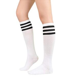 Komorebi Women's Knee High Athletic Socks Stripes Tube Sport Socks Soft Strench High Socks for Women Outdoor White Black One Size