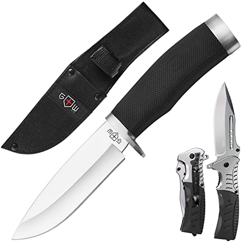 Bundle of 2 Items - Hunting Knife with Sheath Survival Knives for Men - Best Tactical Camping Hunting Hiking Knife - Best Camping Hunting Fishing Hiking Survival Knofe - Travel Accessories Gear