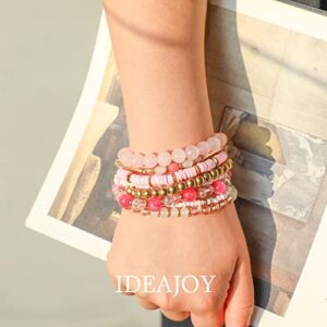 IDEAJOY 8 Pcs Pink Bracelet for Women, Bohemian Multi-Layer Beaded Stacking Summer Pink Bracelets Barbie Jewelry Gifts, Strand Stretch Sparkly Crystal Beads Wrap Slip-on Cuff Bangle Bracelet Set Gift