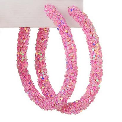 Bohemian Shiny Glitter Sequins Hoop Earrings Wrapped Gold Plated Circle Statement Rhinestone Dangle Drop Earrings for Women Boho Jewelry-pink