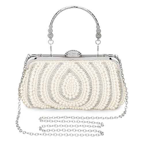 Tanpell Pearl Clutch Purses for Women Evening Bag Rhinestone Handbag for Wedding Evening Casual Party (Beige)