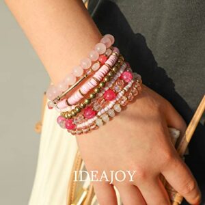 IDEAJOY 8 Pcs Pink Bracelet for Women, Bohemian Multi-Layer Beaded Stacking Summer Pink Bracelets Barbie Jewelry Gifts, Strand Stretch Sparkly Crystal Beads Wrap Slip-on Cuff Bangle Bracelet Set Gift