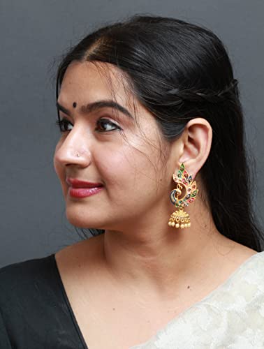 Bindhani Indian Bollywood Style Gold Toned Peacock Meenakari Jhumka Earrings For Women