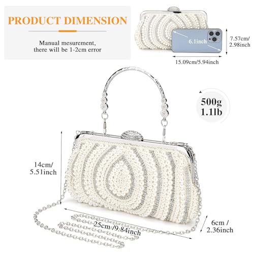 Tanpell Pearl Clutch Purses for Women Evening Bag Rhinestone Handbag for Wedding Evening Casual Party (Beige)