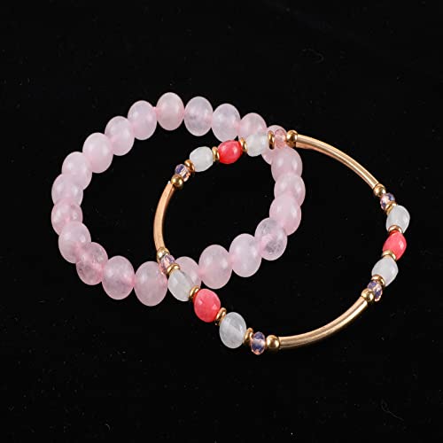 IDEAJOY 8 Pcs Pink Bracelet for Women, Bohemian Multi-Layer Beaded Stacking Summer Pink Bracelets Barbie Jewelry Gifts, Strand Stretch Sparkly Crystal Beads Wrap Slip-on Cuff Bangle Bracelet Set Gift