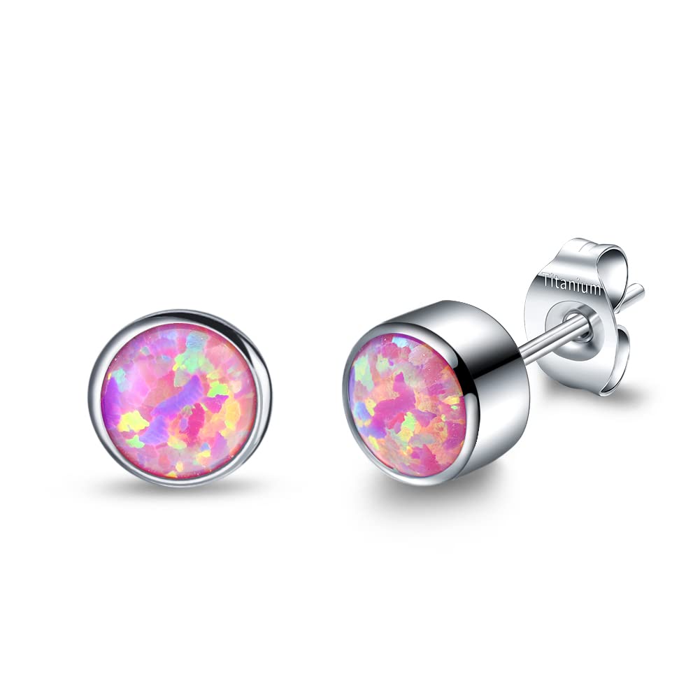 VOJO G23 Titanium Cubic Zirconia Opal Birthstone Tiny Stud Earrings for Women Sensitive Ears Hypoallergenic Earring Studs Jewelry Gifts (6mm, Opal Pink)