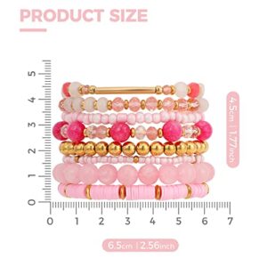 IDEAJOY 8 Pcs Pink Bracelet for Women, Bohemian Multi-Layer Beaded Stacking Summer Pink Bracelets Barbie Jewelry Gifts, Strand Stretch Sparkly Crystal Beads Wrap Slip-on Cuff Bangle Bracelet Set Gift