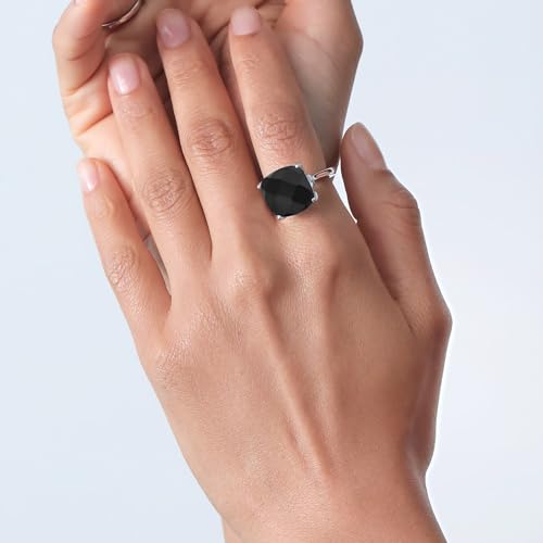 Gem Stone King 925 Sterling Silver Black Onyx and White Created Sapphire Engagement Ring For Women (8.27 Cttw, 14MM Cushion Checkerboard, Size 8)