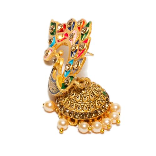 Bindhani Indian Bollywood Style Gold Toned Peacock Meenakari Jhumka Earrings For Women