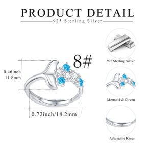 Mermaid Tail Rings Sterling Silver Whale Dolphin Tail Ring Adjustable Wave Ring Blue Mermaid Rings Fishtail Ring with Blue Cubic Zirconia Halloween Mermaid Jewelry Gifts for Women Girls