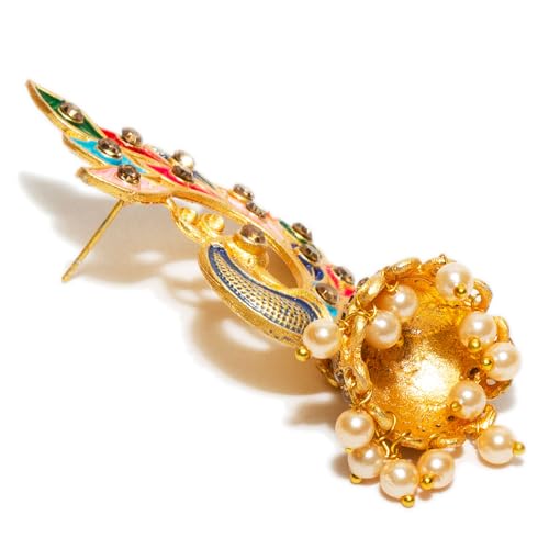 Bindhani Indian Bollywood Style Gold Toned Peacock Meenakari Jhumka Earrings For Women