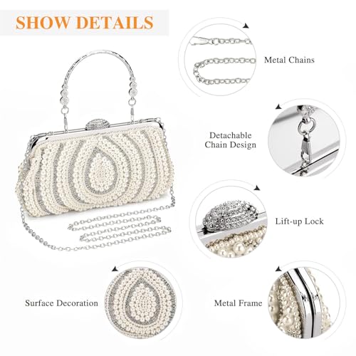 Tanpell Pearl Clutch Purses for Women Evening Bag Rhinestone Handbag for Wedding Evening Casual Party (Beige)