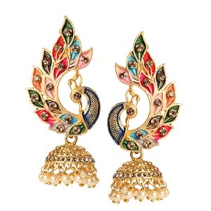 Bindhani Indian Bollywood Style Gold Toned Peacock Meenakari Jhumka Earrings For Women