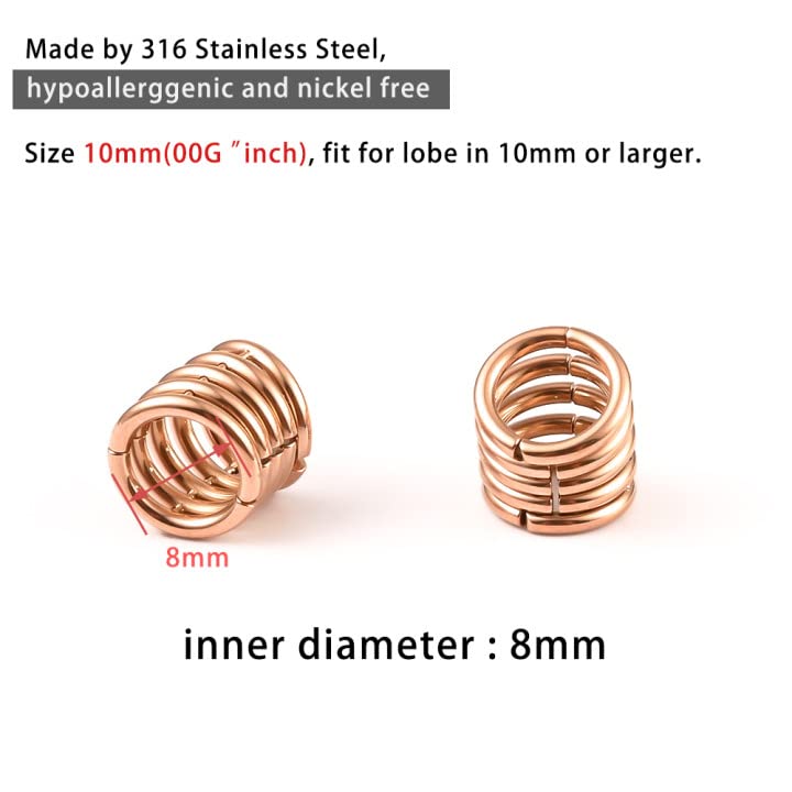 DOEARKO 2PCS 00G Stacker Rings Ear Lobe Cuff Ears Gauges Plugs Body Piercing Tunnels 316 Stainless Steel Hypoallergenic Body Jewelry (For Lobe in 00G (10mm) or Larger, Rose Gold)