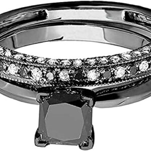 Aryan Jewels 2.30 Ct Princess & Round Cut Black White Diamond Bridal Ring Set Engagement Wedding Band Couple Ring For His & Her 14K Black Gold Finish (7.5)