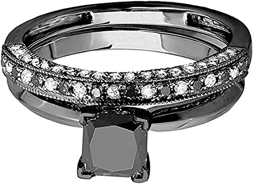 Aryan Jewels 2.30 Ct Princess & Round Cut Black White Diamond Bridal Ring Set Engagement Wedding Band Couple Ring For His & Her 14K Black Gold Finish (7.5)