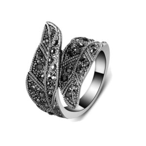 Ajojewel Black Rhinestone Leaf Wide Ring Women Vintage Jewelry Ladies Rings (9) (9)