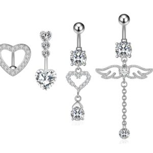 14G Surgical Steel Belly Button Rings Round/Love Heart Clear CZ Navel Curved Barbell Studs Sexy Body Piercing (4PCS - Steel - Style A)