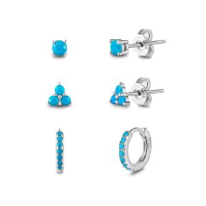 Turquoise Stud Hoop Earring Set: 3 Pairs Earring Set Silver Huggie Hoop & Triangle Round Shape Small Stud - Simple Hypoallergenic Ear Jewelry Trendy Gemstone Gift for Women (A-Silver)