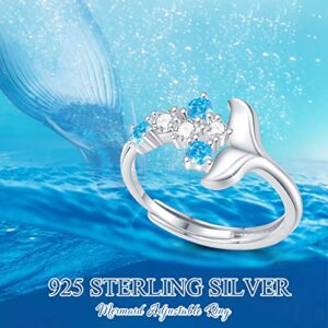 Mermaid Tail Rings Sterling Silver Whale Dolphin Tail Ring Adjustable Wave Ring Blue Mermaid Rings Fishtail Ring with Blue Cubic Zirconia Halloween Mermaid Jewelry Gifts for Women Girls