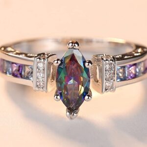 DCFSHEE Fashion Marquise Shape Cut Created Mystic Rainbow Topaz 925 Sterling Silver Plated Promise Ring Jewelry Gifts for Her (US size 10)