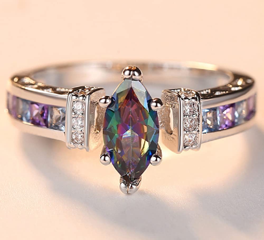 DCFSHEE Fashion Marquise Shape Cut Created Mystic Rainbow Topaz 925 Sterling Silver Plated Promise Ring Jewelry Gifts for Her (US size 10)