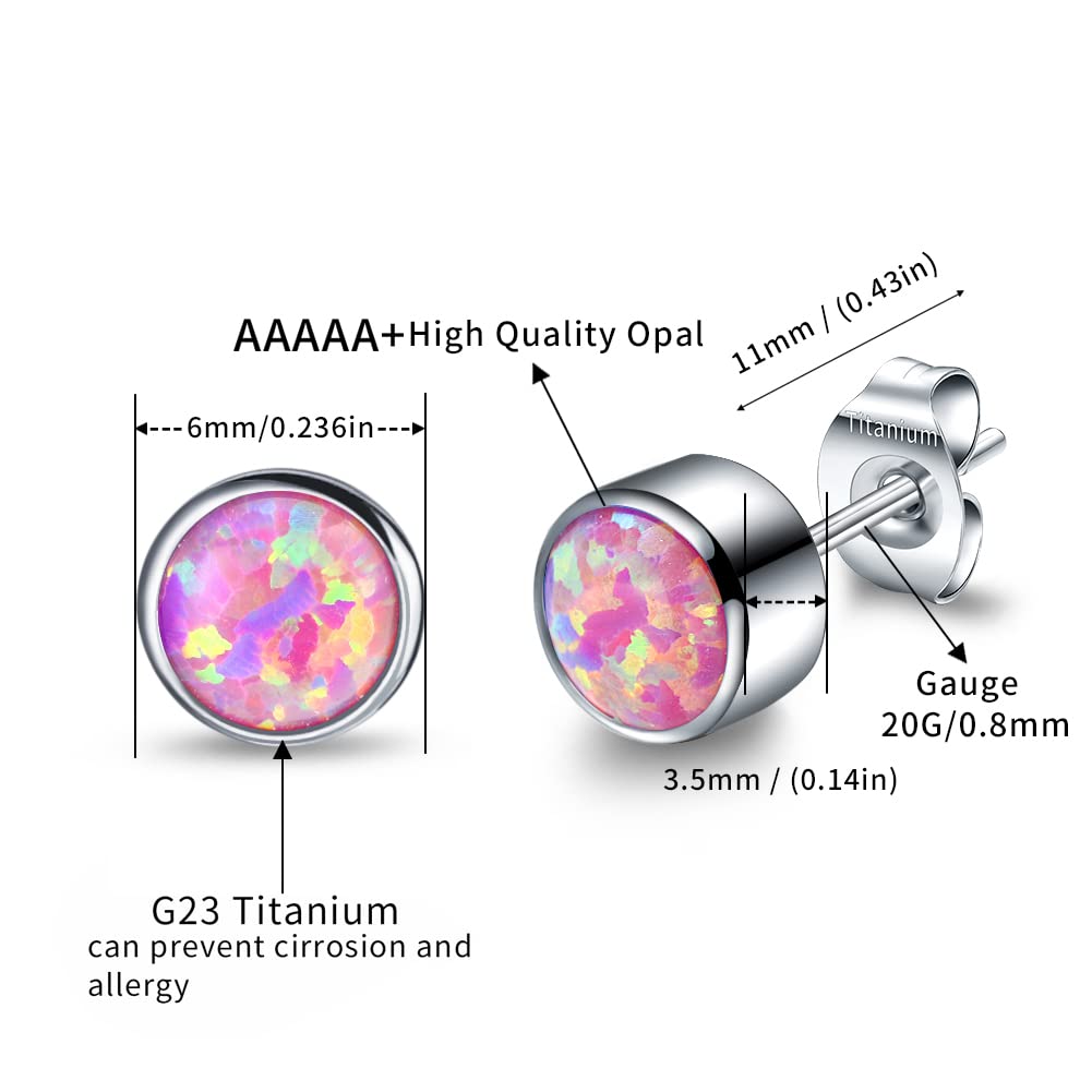 VOJO G23 Titanium Cubic Zirconia Opal Birthstone Tiny Stud Earrings for Women Sensitive Ears Hypoallergenic Earring Studs Jewelry Gifts (6mm, Opal Pink)