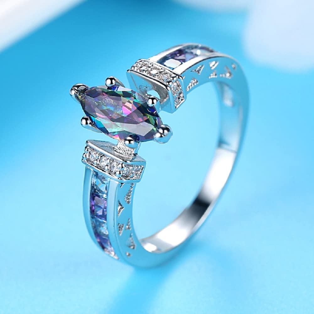 DCFSHEE Fashion Marquise Shape Cut Created Mystic Rainbow Topaz 925 Sterling Silver Plated Promise Ring Jewelry Gifts for Her (US size 10)