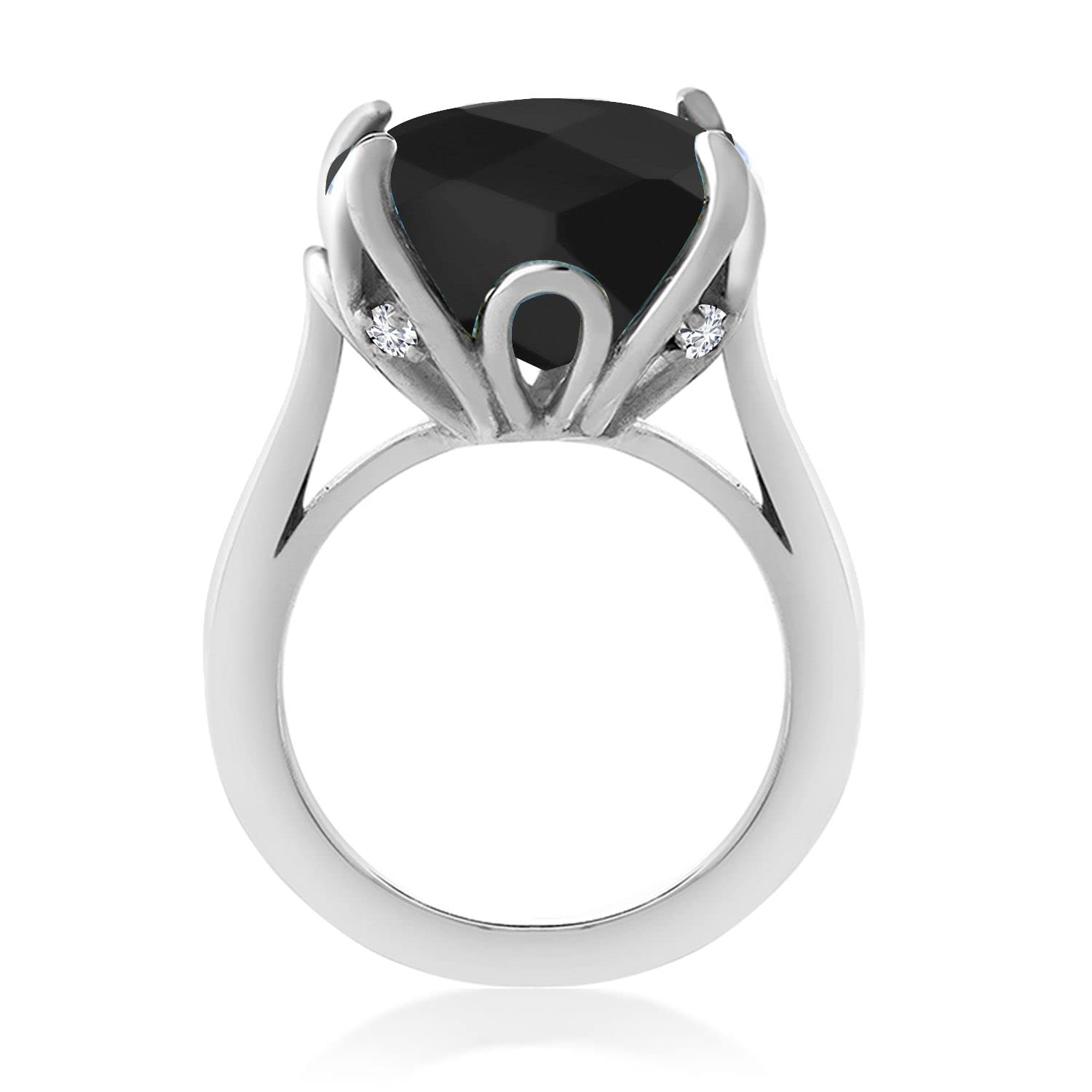 Gem Stone King 925 Sterling Silver Black Onyx and White Diamond Engagement Ring For Women (8.27 Cttw, 14MM Cushion Checkerboard, Available in Size 5,6,7,8,9)