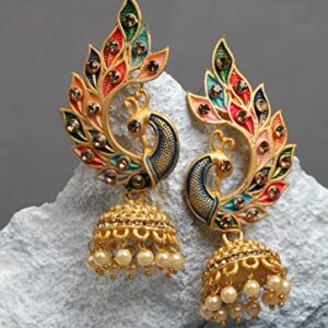 Bindhani Indian Bollywood Style Gold Toned Peacock Meenakari Jhumka Earrings For Women