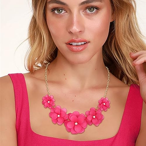 Flyonce Flower Collar Necklace, Floral Flower Statement Summer Beach Chokers Necklaces for Women Hot Pink